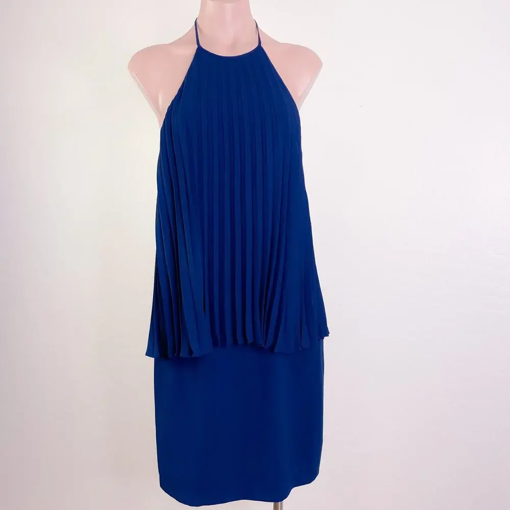 H by Halston Halter Pleated Sleeveless Cocktail Dress Navy Blue size 4 NWT